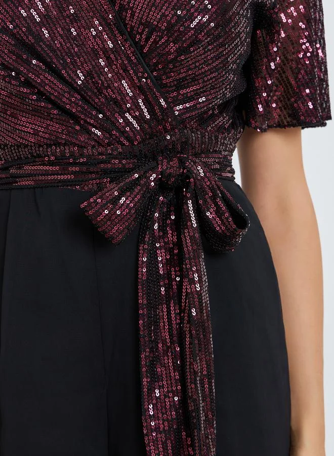 Styli Women Burgundy Sequin Wrap Front Jumpsuit